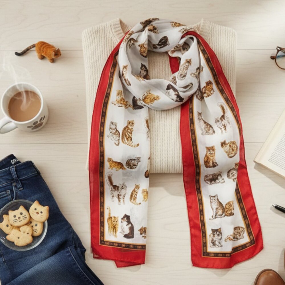 Vintage Multi-Cat Print Rectangular Scarf